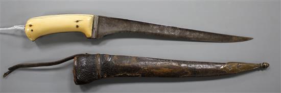 An Indian dagger pesh kabz, ivory grips, silver covered hilt and leather scabbard, late 18th century, overall length 31.5cm